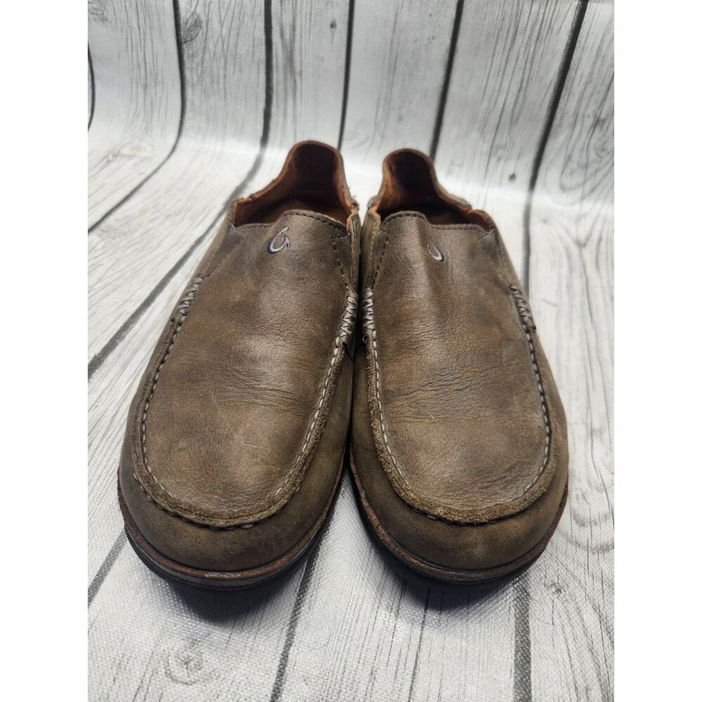 OluKai Moloa Shoes Men's 8.5 Brown Leather Slip On Casual Loafers Moccasin
